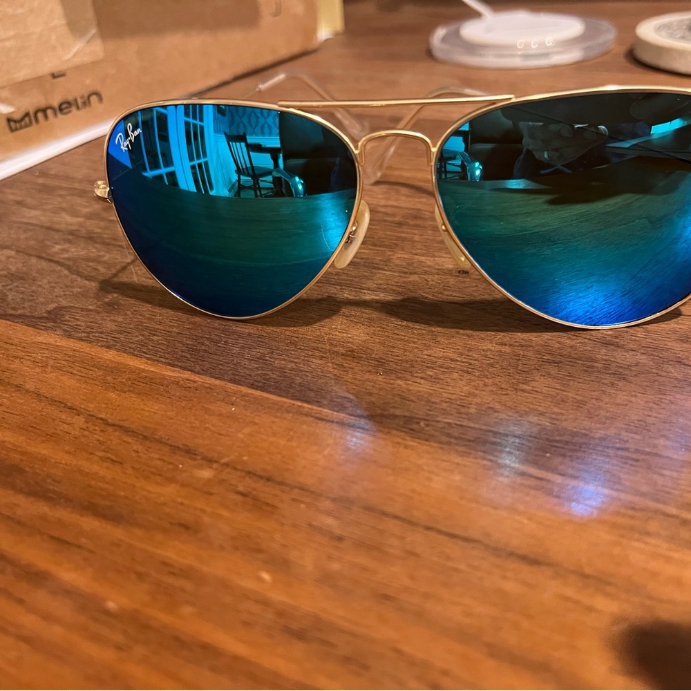 Ray-Ban Gold Aviator Sunglasses with Blue Lenses